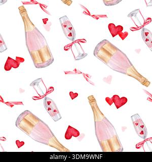 Nahtloses Muster mit handgezeichnetem Rosenchampagnerrot, Flötengläsern, roten Schleifenbändern und Herzen. Eleganter romantischer Hintergrund für Stoff und Geschenk Stockfoto