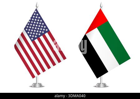 Flaggen der Vereinigten Staaten und der Vereinigten Arabischen Emirate. Das Konzept der Partnerschaft und des gemeinsamen Handelns. Symbol für Partnerschaft, Zusammenarbeit, internationale Zusammenarbeit, friedliche Verhandlungen, Allianz, bilaterale Kommunikation Stock Vektor