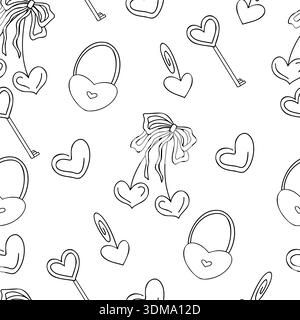 Herzen, Schleifen, Schlösser und Schlüssel, minimalistische schwarze Strichkunst. Nahtlose Hand gezeichnete Vektor Valentinsmuster mit romantischem Design Stock Vektor