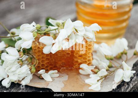 Eine Wabe mit flüssigem Honig sitzt auf einer Fläche, die von weißen Blumen umgeben ist. Ein Glas Honig steht in der Nähe. Bienen und Bienenstöcke sind entscheidend für die Erzeugung Stockfoto