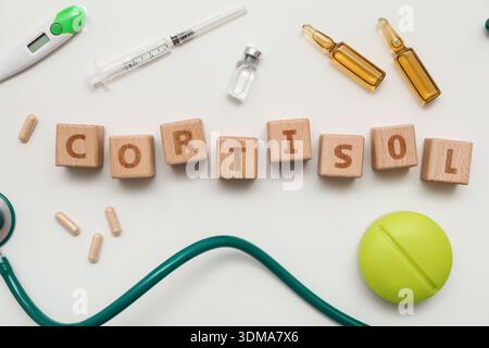 Wort CORTISOL mit Stethoskop, Pillen, Ampullen und Thermometer auf grauem Hintergrund. Medizinisches Konzept Stockfoto