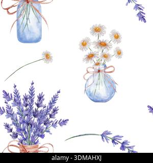 Nahtloses Aquarellmuster mit Blumensträußen aus Gänseblümchen und Lavendel in Glasvasen auf weißem Hintergrund. Botanische Illustrationen Blumen in realistischem Stil für Verpackung, Textilien, Verpackung, Tischdecken Stockfoto