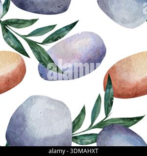 Nahtloses Aquarellmuster mit grauen Steinen und grünen Zweigen. Realistische Darstellung auf weißem Hintergrund. Für Stoffe, Textilien, Vorhänge, Inneneinrichtung und Verpackungen für Naturkosmetik Stockfoto