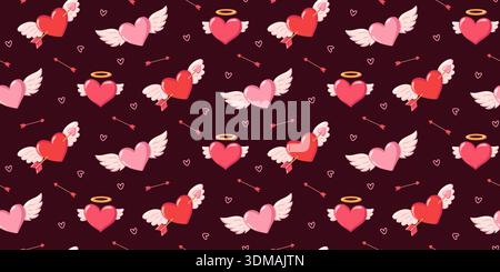 Nahtloses Hand gezeichnetes Valentinstag-Vektormuster mit geflügelten Herzen, Cupid-Pfeilen und Liebessymbolen auf dunklem burgunderroten Hintergrund Stock Vektor