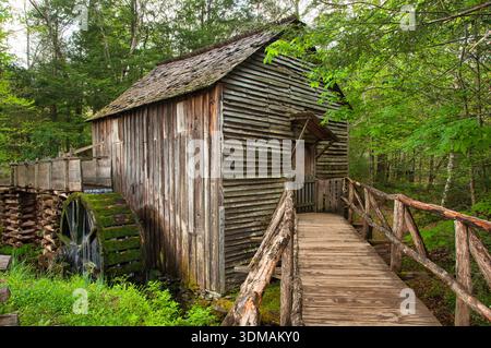 Historische Cable Grist Mill in Cades Cove im Great Smoky Mountains National Park, Tennessee, mit hohen Ziegelmauern und Bögen im Frühlingswald. Stockfoto