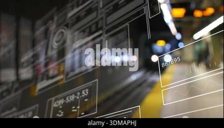 Schwebende AR-UI-Bedienfelder, die über der U-Bahn-Plattform liegen und Kurven über gelben Streifen und Spuren anzeigen Stockfoto