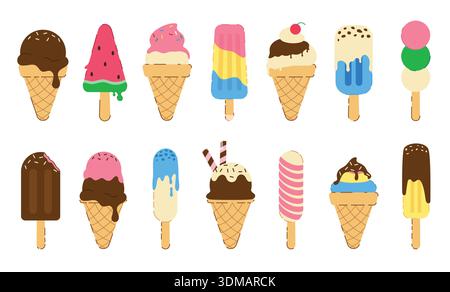 Clipart-Set für Eiscreme-Zeichnen. Eiscreme und farbenfrohe Eiswürfel-Dessert-Ikone in köstlichem, süßem und erfrischendem Flair Stock Vektor