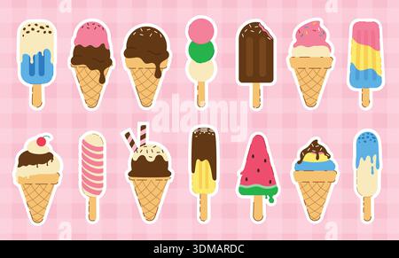 Sticker Clipart-Set mit farbenfrohen Stickereien. Eiscreme und Eis-Ikone mit süßem und köstlichem Geschmack Clip Art für Sommer druckbare Sammlung Vektor Stock Vektor