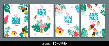 Poster-Set mit Text für Clipart im Sommer. Es ist Sommer Zeit Text mit farbenfrohen Sommer Zeichenelementen wie Palmblättern, Monstera, Eis Stock Vektor
