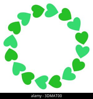 Skurriler Vektorkreisrahmen aus grünen Herzen. Niedlicher handgezeichneter Kranz isoliert auf weißem Hintergrund, perfekt für St. Patricks Day Designs Stock Vektor