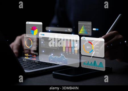 Key Performance Indicator (KPI) mit Business Intelligence (BI)-Metriken zur Messung der Leistung im Vergleich zu geplanten Ziel, Person berühren Bildschirm-Symbol, su Stockfoto