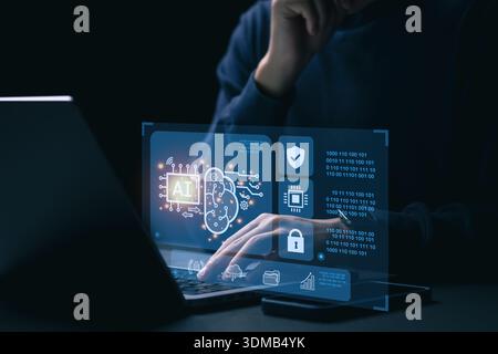 Junger Geschäftsmann, der mit einer intelligenten KI oder künstlicher Intelligenz plaudert, indem er einen von OpenAI entwickelten Chatbot für künstliche Intelligenz nutzt. Stockfoto