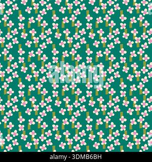 Nahtloses Blumenmuster mit abstrakten rosa und weißen Blumen mit grünen Stielen auf blauem Hintergrund. Moderne botanische Textur, perfekt für Stoff, Stk Stock Vektor