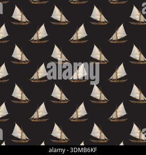 Elegantes nahtloses Muster mit Vintage-Segelbooten auf schwarzem Hintergrund. Perfekt für nautische Themen, Meeresdekor, Textilien, Tapeten, Verpackungen Stock Vektor