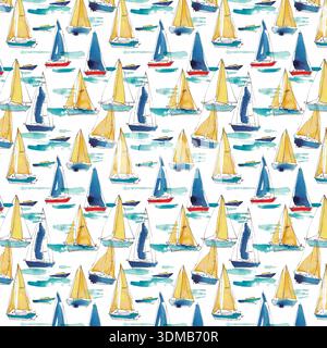 Nahtloses Segelboot-Muster in Aquarellfarben mit gelben, blauen und roten Booten auf weiß. Ideal für nautische Textilien, Tapeten, Verpackungen, Branding, Stock Vektor