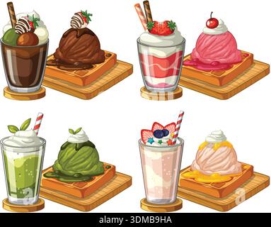 Vektor-Illustration von vier Dessertpaarungen einschließlich Milchshakes und Waffeln mit Eiscreme auf Brettern Stock Vektor