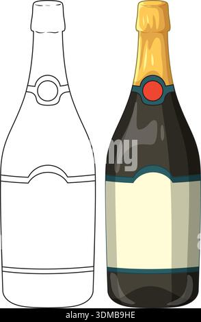 Zwei Champagnerflaschen in flacher Farbe und schwarzer Strichkunst auf weißem Hintergrund Stock Vektor