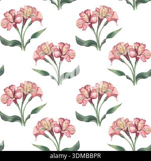 Nahtloses Muster, Blumenstrauß mit Alstroemeria-Blüten. Handgemalte botanische Aquarellillustration isoliert auf weiß für Textilien, Verpackungen Stockfoto
