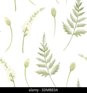 Aquarell Frühlingsblumen nahtlos mit pastellgrünen Wildblumen, weißen Matthiola-Blüten und Farnblättern. Eleganter Hintergrund mit Kräutern für Stockfoto