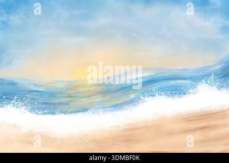 Wasserfarben Strand Sonnenuntergang Landschaft. Handgemalter Aquarellhintergrund am Meer mit blauem Wasser, schaumigen Ozeanwellen und Sandstrand bei Sonnenaufgang. Sommer Stockfoto