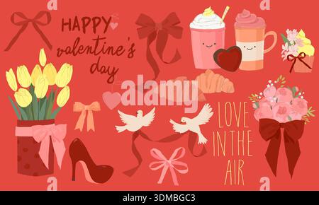 Handgezeichnetes Set aus verschiedenen valenines Day Floral Trendy, Schleifen, Süßigkeiten und Blumen Stock Vektor