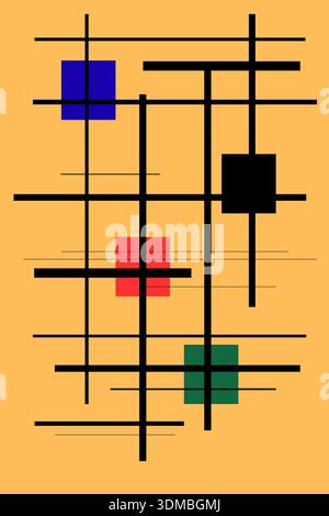 Digitale abstrakte Kunstwerke, die vom ikonischen Stil von Piet Mondrian inspiriert sind, mit schwarzen Linien und farbigen Quadraten in Rot, Blau und Schwarz Stockfoto