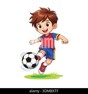 Nettes lächelndes Kind, das Fußball oder Fußball-Cartoon-Vektor-Illustration tritt Stock Vektor