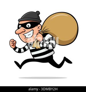 Cartoon-Einbrecher, der mit Money Sack Illustration läuft, stellt Diebstahl, Raub, Verbrechen, Betrug dar. Konzepte für Flucht und finanzielle Verluste Stock Vektor