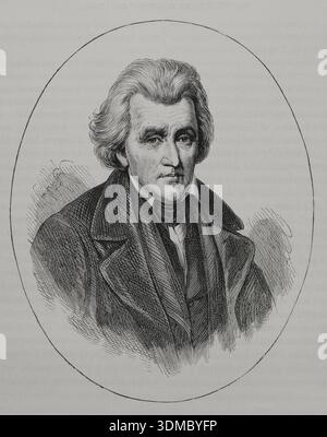 Andrew Jackson (1767-1845). Amerikanischer General und Staatsmann. 7. Präsident der Vereinigten Staaten von Amerika (1829-1837). Hochformat. Gravur. Historia biográfica de los Presidentes de los Estados Unidos (Biographische Geschichte der Präsidenten der Vereinigten Staaten). Veröffentlicht in Barcelona von Montaner y Simón, 1885. Stockfoto