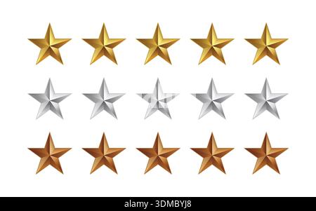 Fünf-Sterne-Bewertungssymbole in Gold, Silber und Bronze, Kundenbewertung und Qualitätsbewertung Stock Vektor