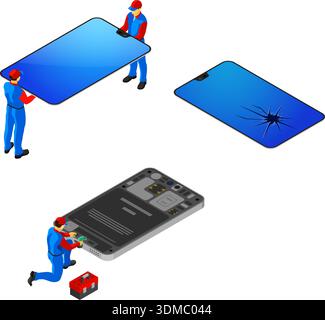 Reparaturservice Für Mobiltelefone. Isometrische Menschen in einheitlicher Reparatur kaputter Smartphone-Bildschirm. Online-Internet-Support. Vorlage für Landing-Page. Isoliertes Fahrzeug Stock Vektor