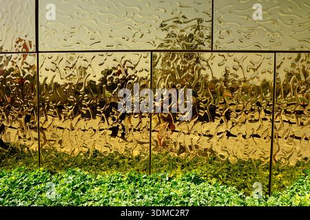Goldene spiegelnde architektonische Fassade, die verzerrte Figuren und Grün in Dubai, Vereinigte Arabische Emirate, reflektiert Stockfoto