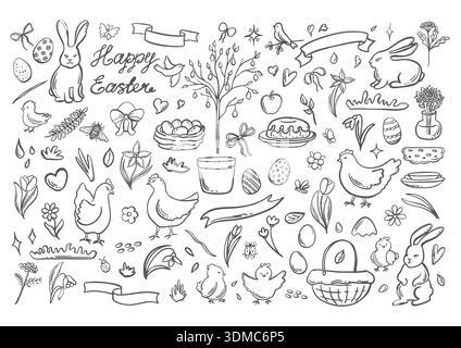 Happy Easter Vektor-Grafikset. Skurrile Sammlung handgezeichneter Illustrationen mit Häschen und Chik, Blumen, Eiern und Korb für Kartendesign. Stock Vektor