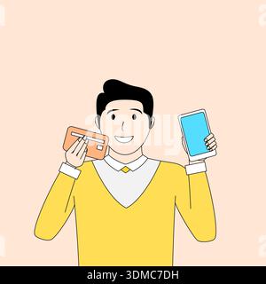 Der Mann hält eine Debitkarte und ein Handy in der Hand. Stock Vektor
