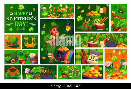 Happy St. Patrick Day Feiertagscollage mit Kobold und Kleeblatt, Vektorplakaten. Irischer Dudelsack mit Hufeisen, Kobold-Topf mit Regenbogen und grünem Ale zur Begrüßung von Saint Patrick Stock Vektor