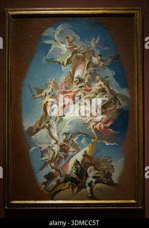 Apotheose von Bartolomeo Colleoni (Apoteosi di Bartolomeo Colleoni) von Carlo Innocenzo Carloni, Museo Poldi Pezzoli, Mailand, Italien. Spätbarockes Öl auf Stockfoto
