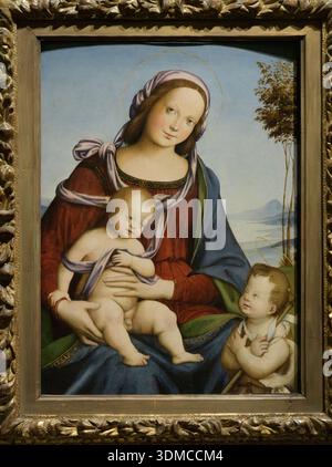 Madonna und Kind mit dem Heiligen Johannes dem Täufer Gemälde von Cesare Tamaroccio, Museo Poldi Pezzoli, Mailand, Italien. Stockfoto