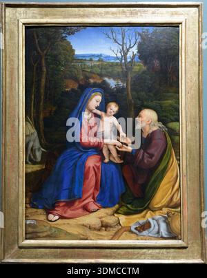Die Erholung auf dem Flug nach Ägypten (Riposo durante la fuga in Egitto) von Andrea Solario, Museo Poldi Pezzoli, Mailand, Italien. Ölgemälde der Hochrenaissance. Stockfoto