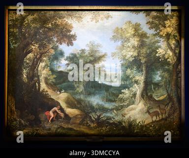 Landschaft mit dem Kleinkind Johannes dem Täufer von Paul Bril, 1590-99. Öl auf Leinwand, Pinacoteca Ambrosiana, Mailand. Stockfoto
