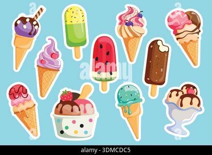 Clipart-Set mit Eiscreme und Sticker. Süßeis und Eis für Sommerdesserts bedruckbare Stickerkollektion mit verschiedenen Geschmacksrichtungen Stock Vektor