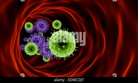 3D-medizinische Illustration von Viruspartikeln und roten Blutkörperchen, die durch eine menschliche Arterie fließen. Photorealistisches mikroskopisches Rendering für die Wissenschaft Stockfoto