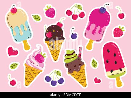 Clipart-Set mit Eiscreme und Obstaufklebern. Eiscreme und Eis Clip Art mit Fruchtgeschmack wie Kirsche, Heidelbeere, Erdbeere und Wassermelone Italienisch Stock Vektor