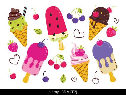 Eiscreme-Clipart-Set mit Fruchtgeschmack. Eiscreme und Eis zeichnen Clip Art mit Heidelbeeren-, Kirsch-, Erdbeeren- und Wassermelonenaroma für den Sommer Stock Vektor