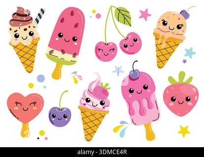 Eiscreme Kawaii Clipart-Set. Eiscreme und Eis ClipArt in Happy and Cute Faces Cartoon Charakter für Sommer und Party süß und köstlich Stock Vektor