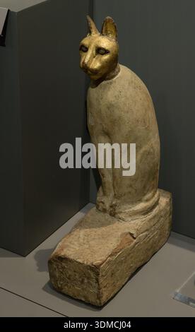 Altägyptischer Katzensarkophag, wahrscheinlich aus der späten Periode (664332 v. Chr.), Museo Egizio, Turin, Italien. Es beherbergte mumifizierte Katzenreste. Stockfoto