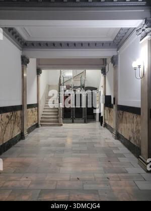 Detail der Lobby eines alten Wohngebäudes bei Nacht, kaltes Licht, klassische antike Dekoration mit einem alten Käfig und einem schmiedeeisernen Aufzug Stockfoto