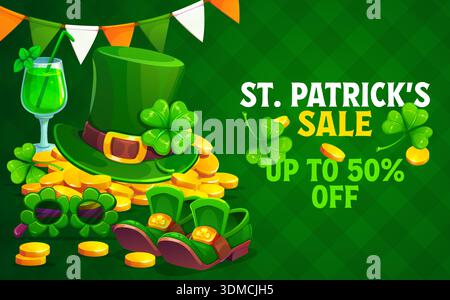 St. Patricks Day Sale-Banner. Saint Patrick Sale Angebot Vektorkarte, Frühjahrsrabatt Flyer mit Kobold-Hut, Sonnenbrille und Schuhe, goldene Münzen, Irland Girlande, Cocktail und Klee Stock Vektor