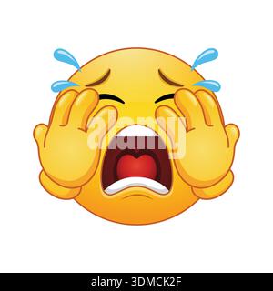 Weinendes Emoji-Gesicht mit Händen, die Augen, Tränen und extremer Traurigkeit bedeckt 3D-Cartoon-Ausdruck Stock Vektor