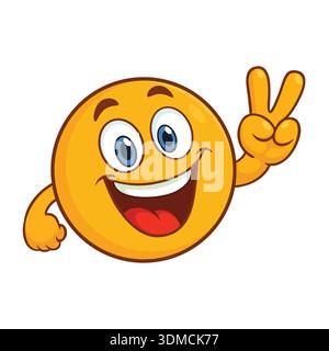 Glückliches Emoji-Gesicht mit Friedenszeichen mit zwei Fingern, lächelnder positiver 3D-Cartoon-Ausdruck Stock Vektor