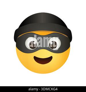 Räuber Emoji Gesicht mit schwarzer Maske und Hut, lächelnde Dieb-Figur im 3D-Cartoon-Stil Stock Vektor